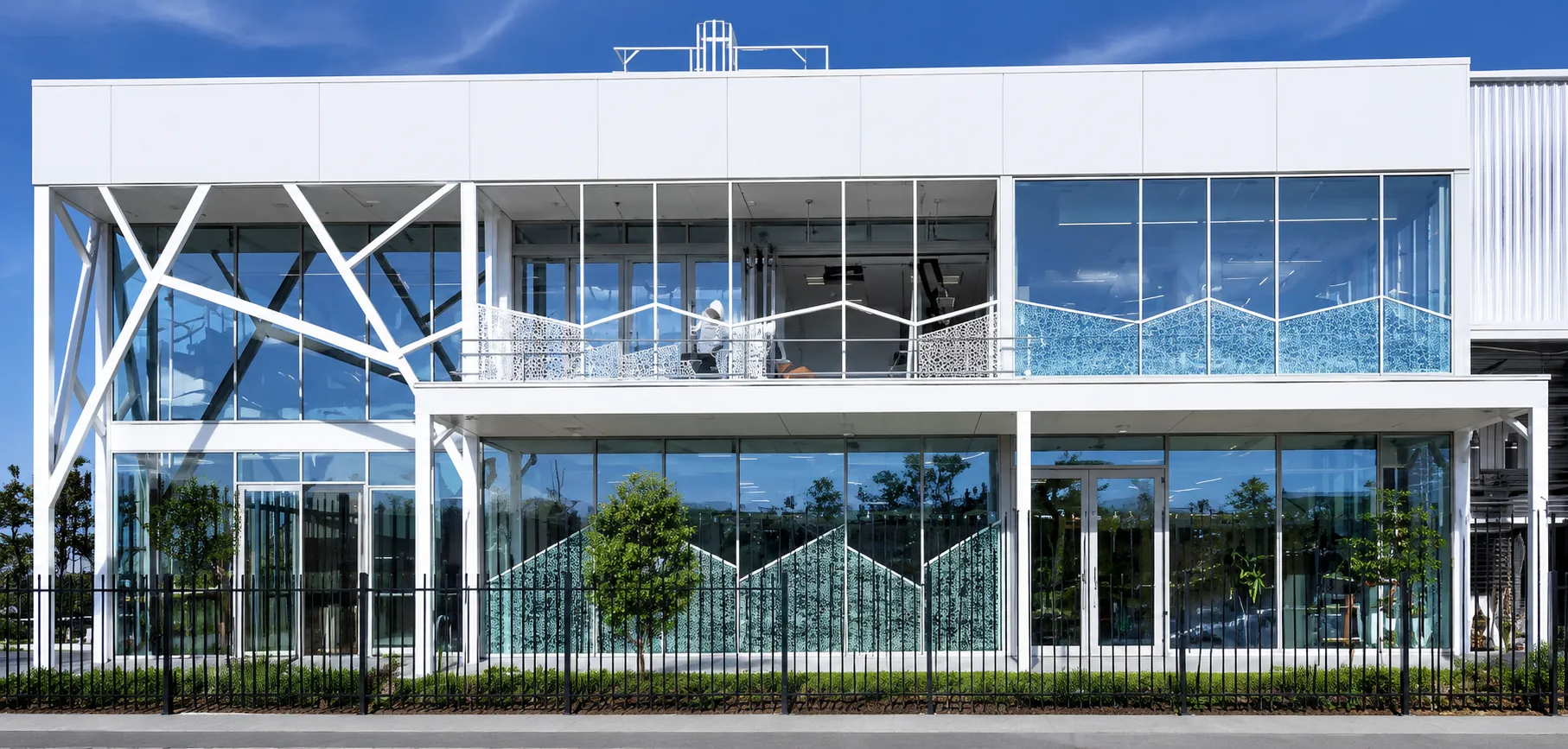 Two-storey glazed office front on a commercial factory and warehouse in Kemps Creek, Western Sydney