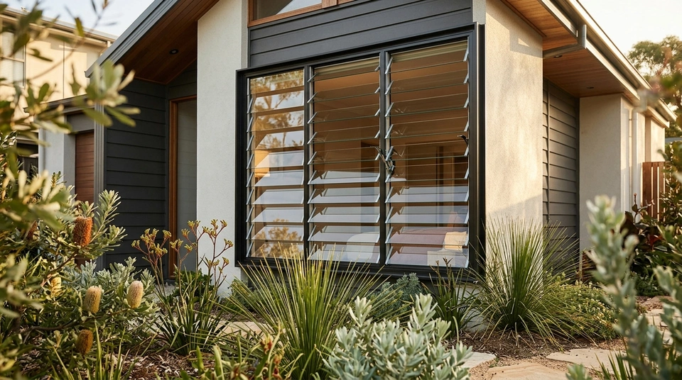 Aluminium louvre windows with horizontal glass blades in a modern Australian home, opened to admit airflow on a warm day.
