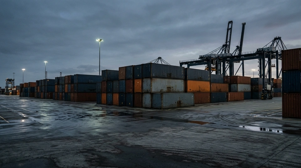 Stacked shipping containers and a port crane under an overcast sky at a container terminal
