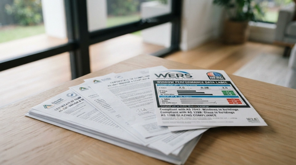 Stack of Australian window compliance certificates and a performance label, symbolising adherence to AS 2047 and AS 1288 standards.