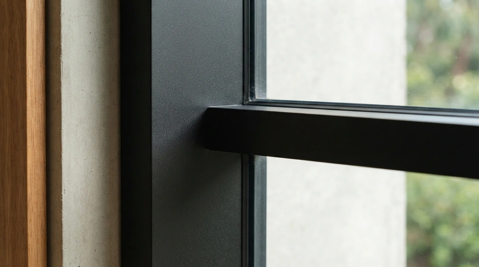 Close-up of a premium matte black slimline aluminium window frame showing the durable architectural powder-coated finish and fine mitred joint.