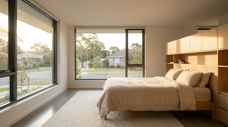Acoustic double glazed aluminium windows in a peaceful Australian suburban bedroom, isolating road and street traffic noise.