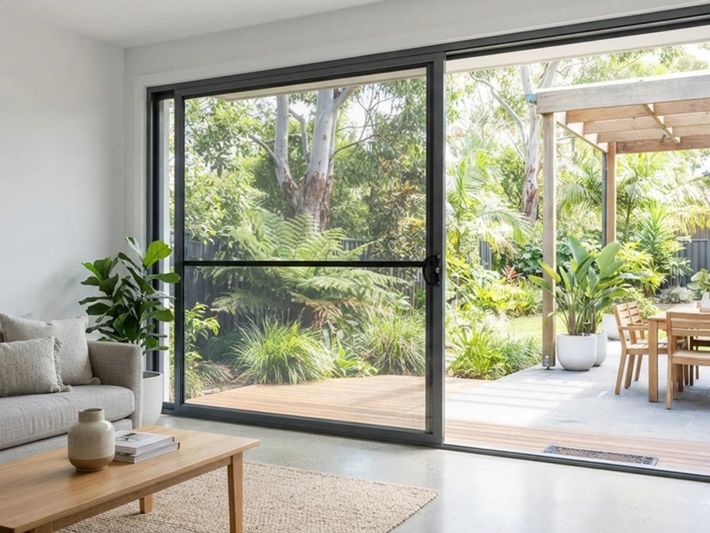 Sunlit modern living room with an open architectural aluminium sliding door fitted with black stainless steel security mesh looking out onto a bright green garden