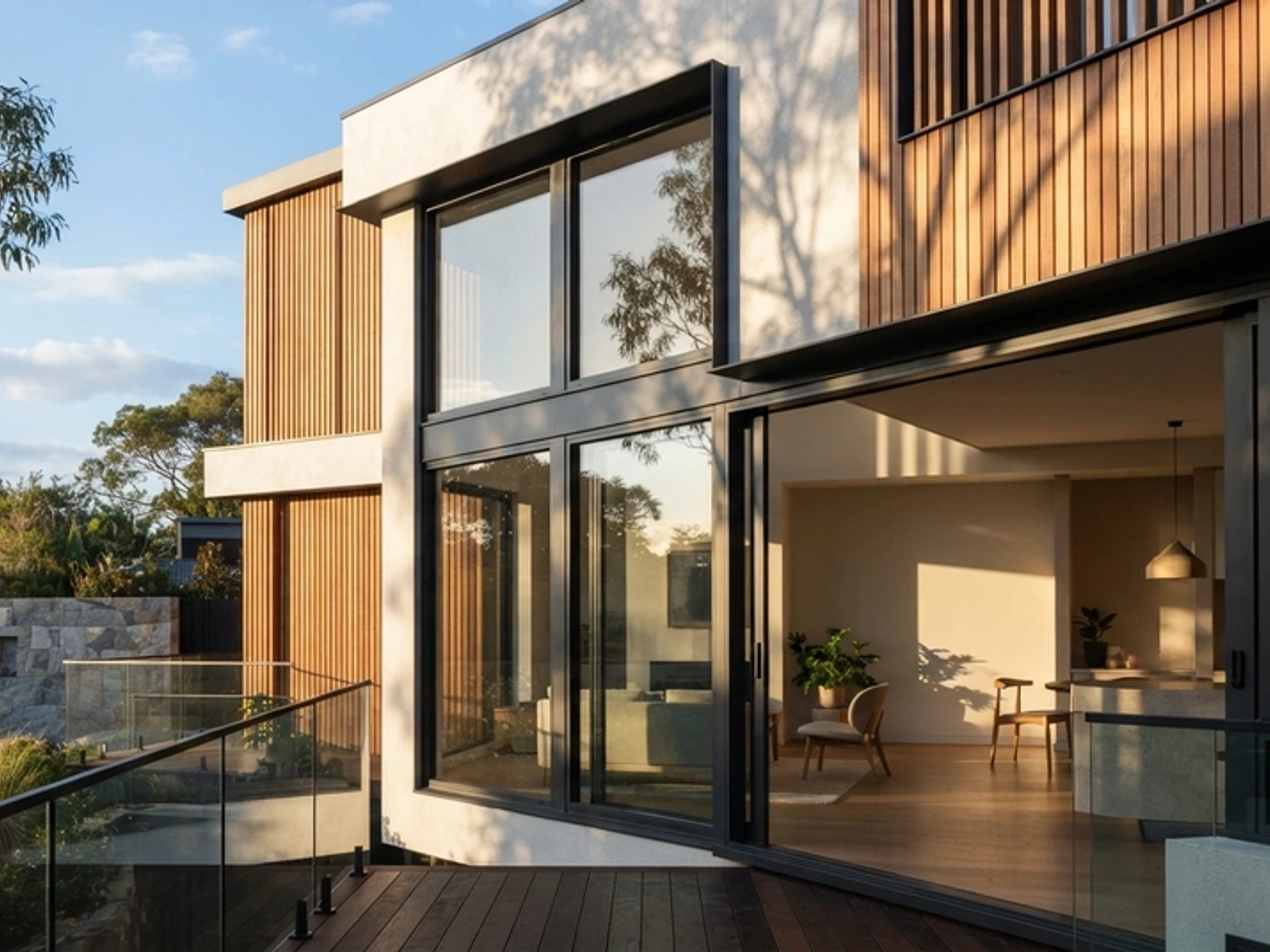 Contemporary Australian architect-designed home facade with striking aluminium window frames in warm natural sunlight
