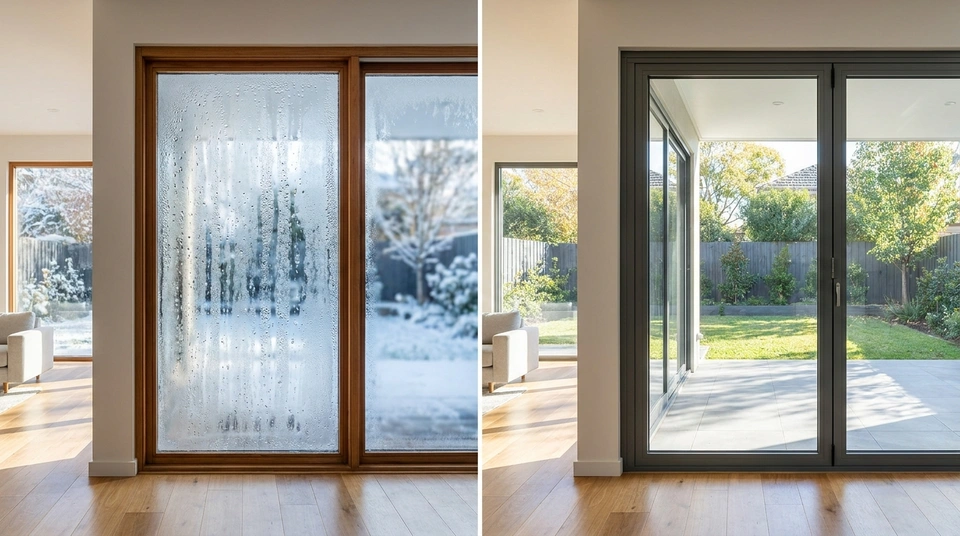 Comparison of single glazed and double glazed aluminium windows, showing glass layers, thermal insulation and condensation control in an Australian home.