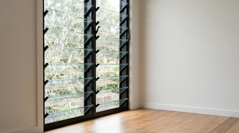 Close view of an open aluminium louvre window with clear glass blades angled outward in a modern Australian home.