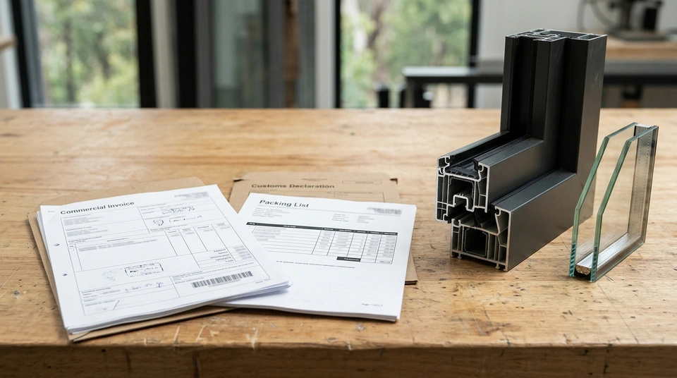 Invoice and customs paperwork beside a window frame on a packing bench