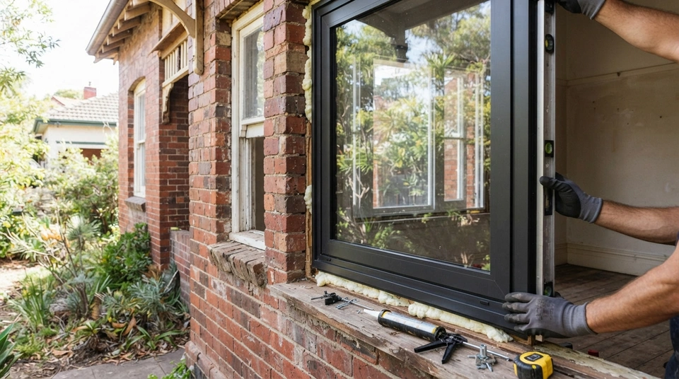 A builder installing a modern double-glazed window into an older Australian home, highlighting a retrofit project to improve energy efficiency.