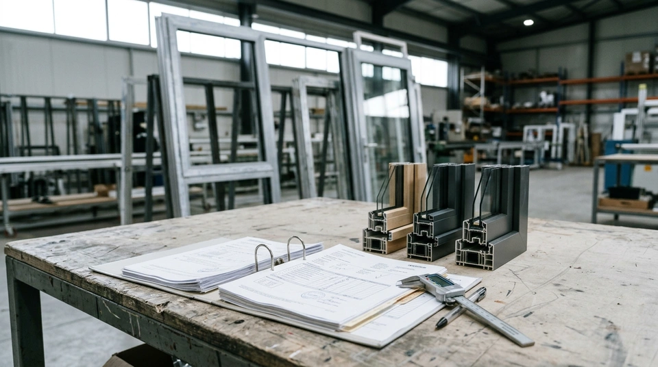 A compliance folder of test reports and certificates open beside an aluminium window frame in a factory