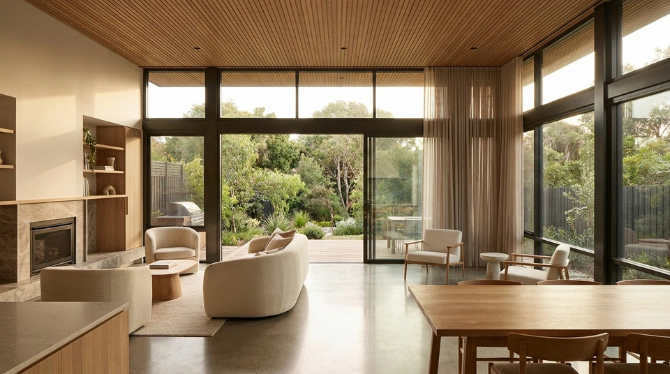 Sunlit Australian living room with double glazed aluminium fixed picture windows and sliding doors, illustrating thermal comfort and energy efficiency.