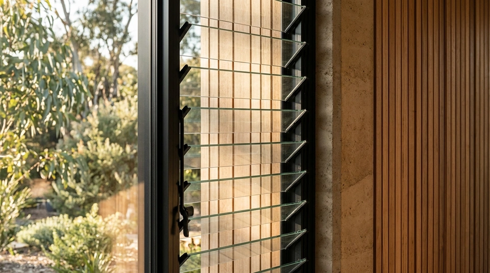 A tall aluminium louvre window with multiple horizontal glass blades set into a modern Australian home wall, photographed in natural daylight.
