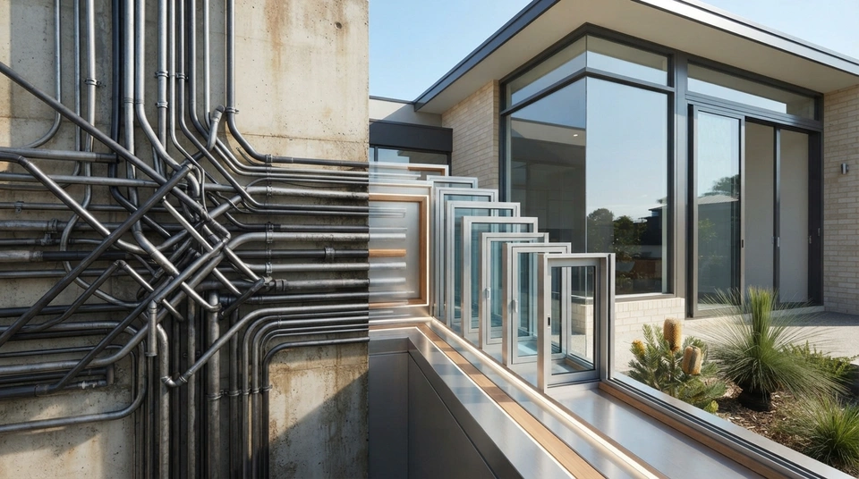 An infographic illustrating the simplification of complex building regulations into a clear, streamlined process, with abstract representations of construction elements.