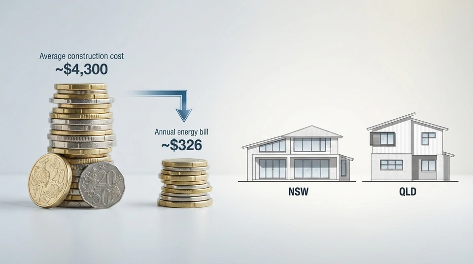 Infographic showing the average additional cost of $4,300 for NCC 2022 7-star homes and annual energy savings of $326, alongside visual representations of NSW and Queensland homes demonstrating different window design strategies for compliance.