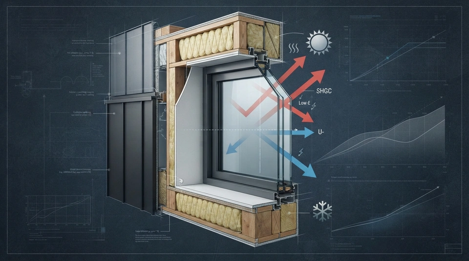 Technical diagram illustrating how thermally broken, double-glazed windows with optimised U-value and SHGC contribute to a 7-star NatHERS energy rating in different Australian climate zones.