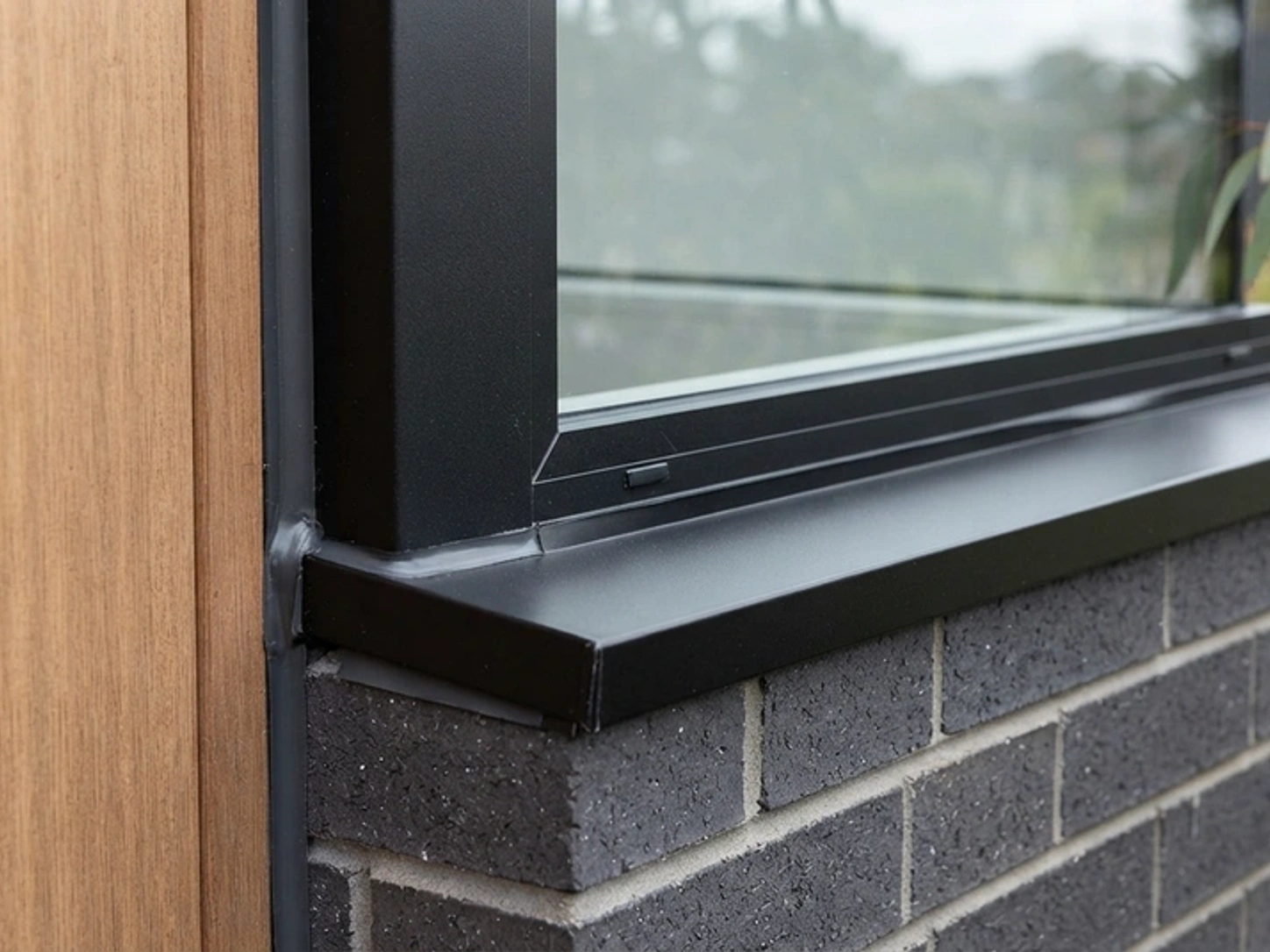 Clean close-up architectural photograph of a precision-installed aluminium window frame with weather seals on a contemporary Australian wall facade