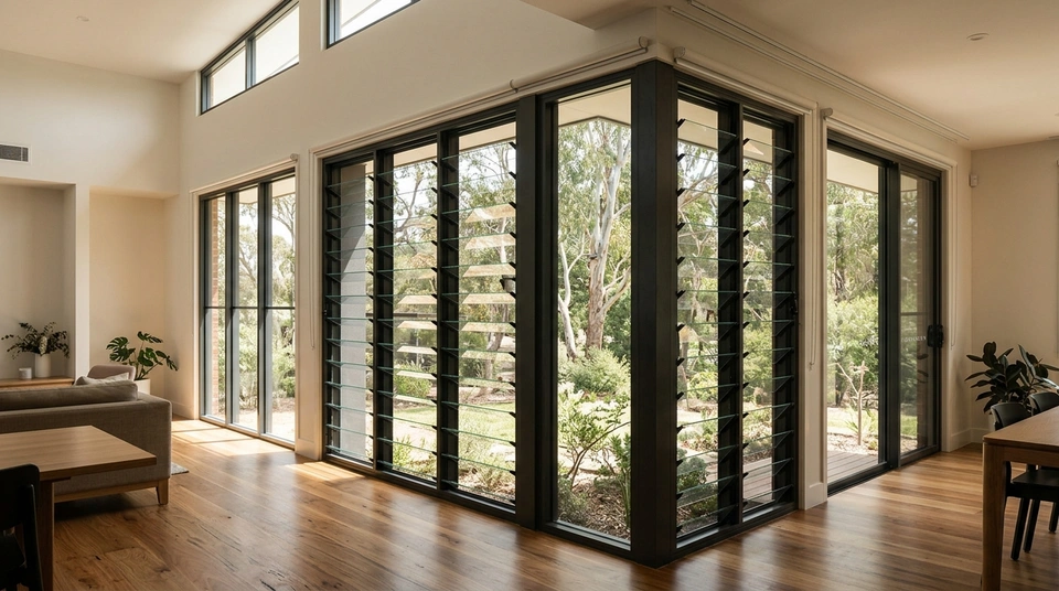 Aluminium louvre windows with glass blades set into the facade of a modern Australian home, shown open to allow cross-ventilation.