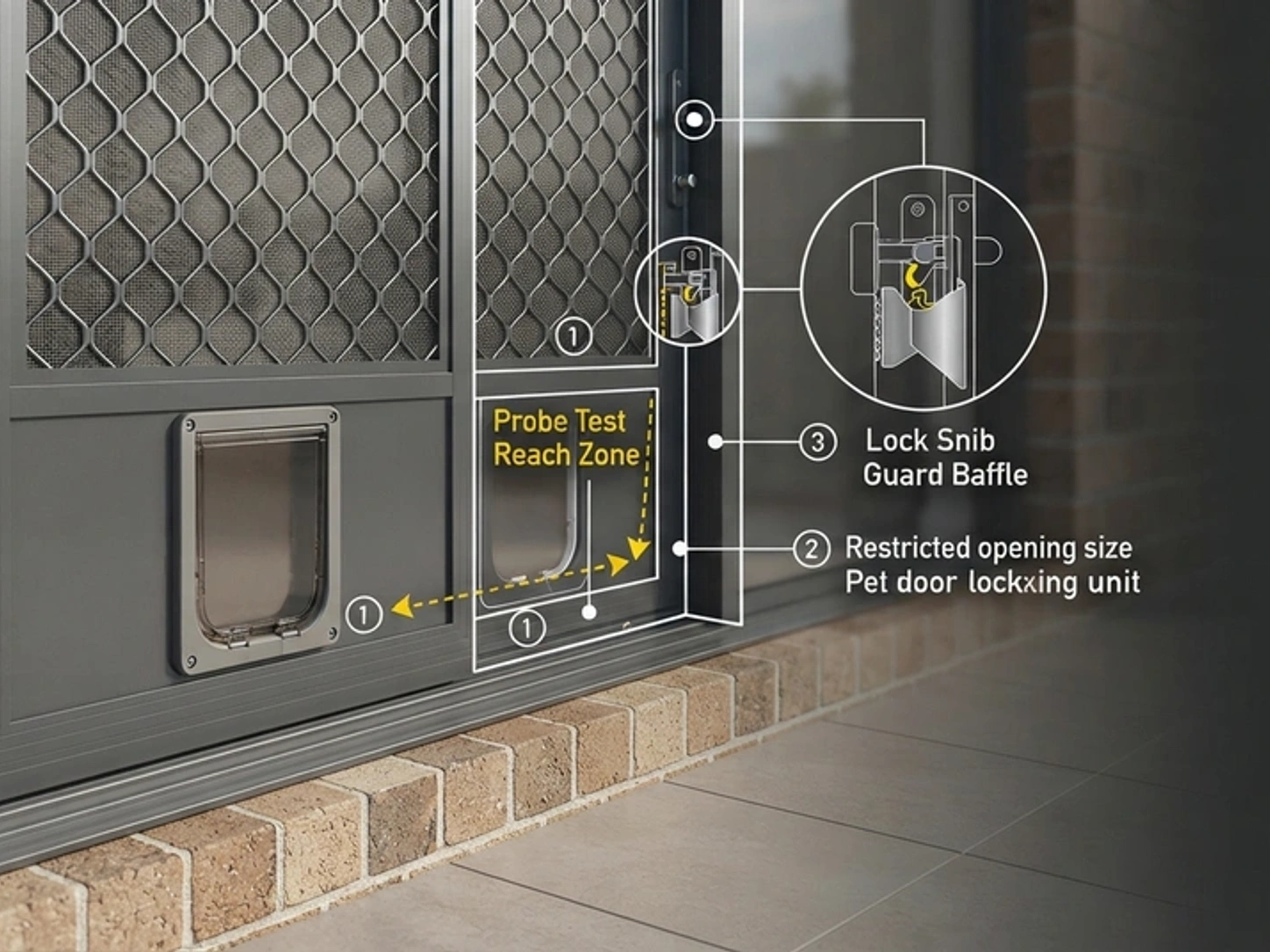 Diagram and photo of a pet door installed at the bottom of an architectural aluminium security door, illustrating the AS 5039 compliance probe test boundary