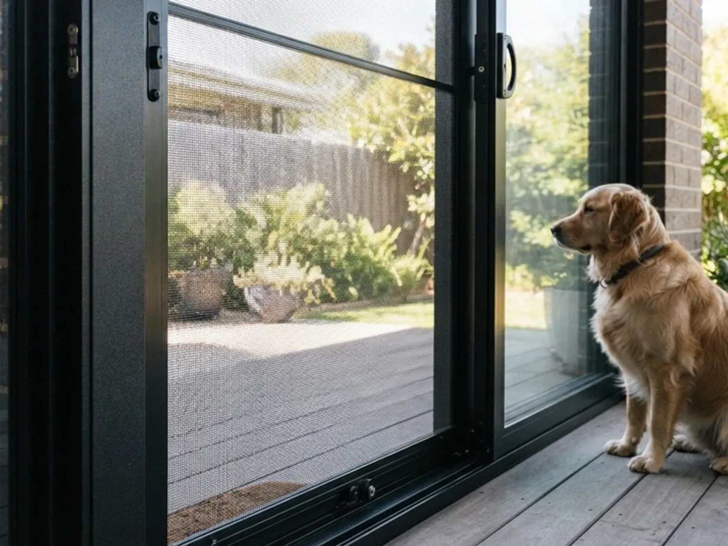 Close-up of high-tensile 316 marine-grade stainless steel security mesh resisting dog claw scratching on an architectural aluminium sliding door