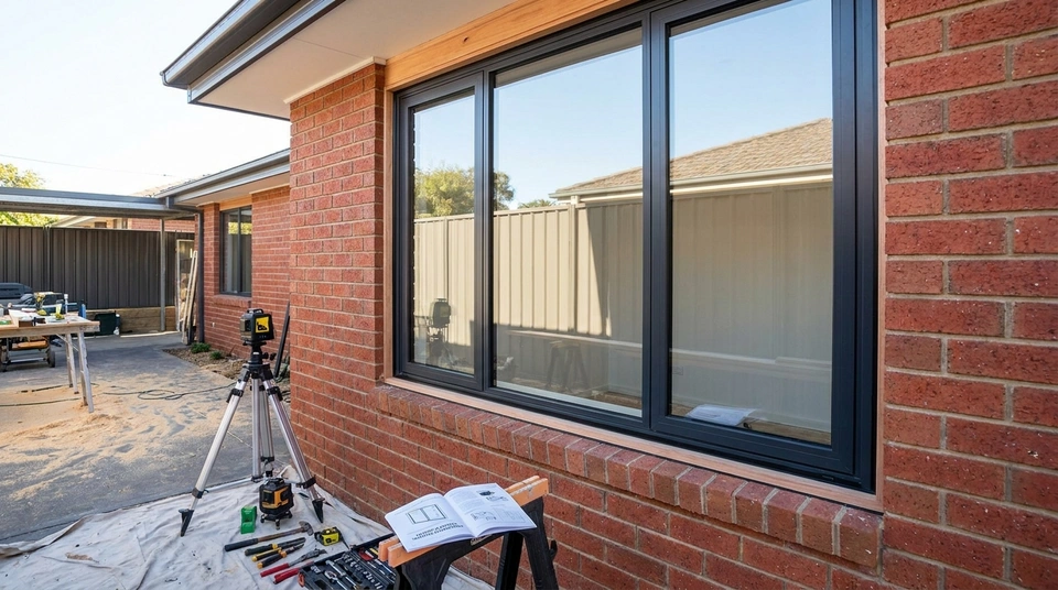 A professional Australian glazier installing a new double glazed aluminium window system during a residential home renovation.