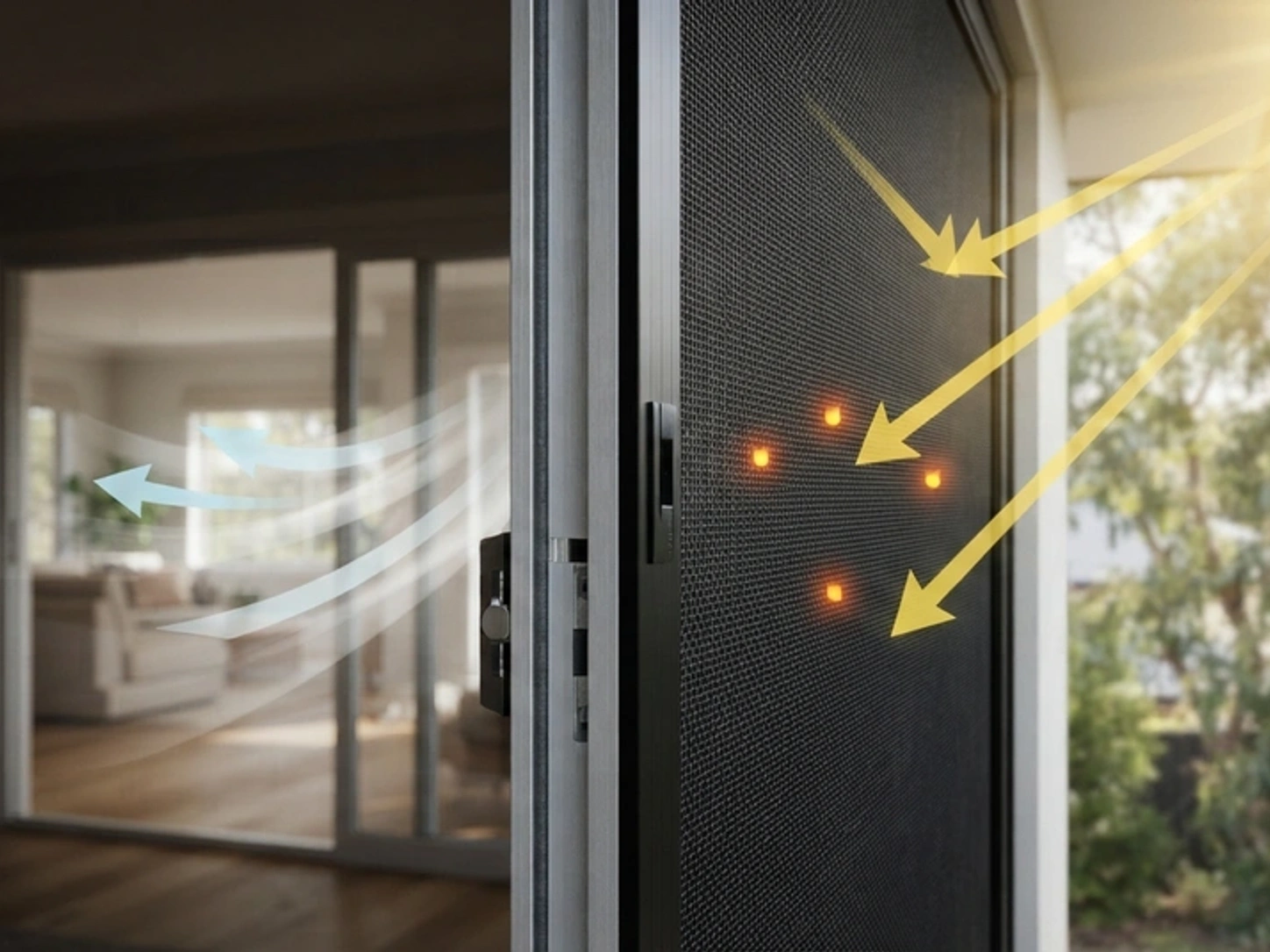 Infographic showing solar radiation and UV rays striking an external black security screen mesh, blocking 53% of radiant solar heat before reaching the glass window