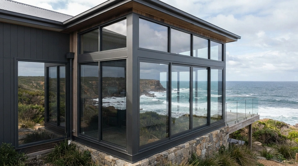 Architectural slimline aluminium window installed in an exposed coastal Australian home subjected to high wind conditions.