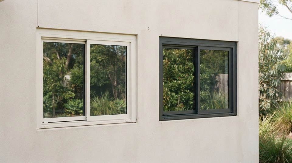 Two identical aluminium sliding windows side by side on a pale rendered wall, one with a warm off-white frame and one with a deep charcoal frame