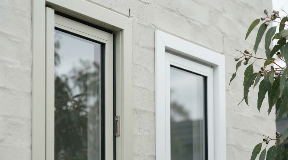 Two aluminium window frames side by side on a rendered Australian facade, one a muted soft off-white and the other a crisp bright white