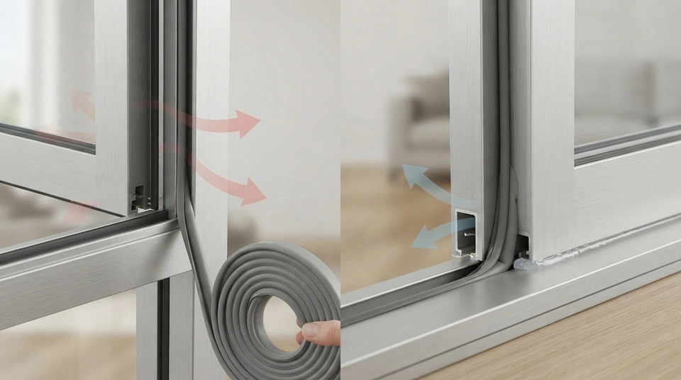 Infographic showing how draught-sealing products are applied to gaps around external windows and doors to improve energy efficiency in rental properties.