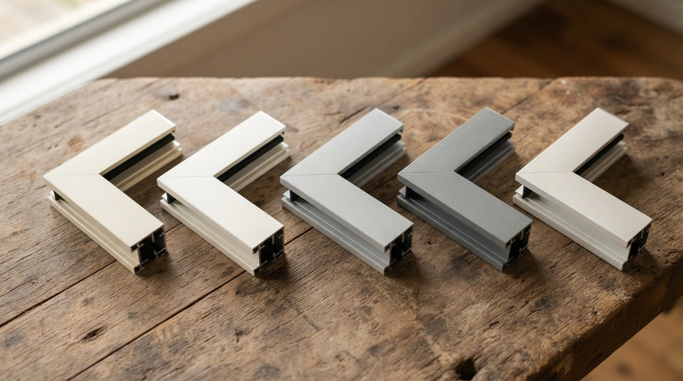 Five powder-coated aluminium window frame corner samples in tones from warm off-white to grey on a rustic timber bench