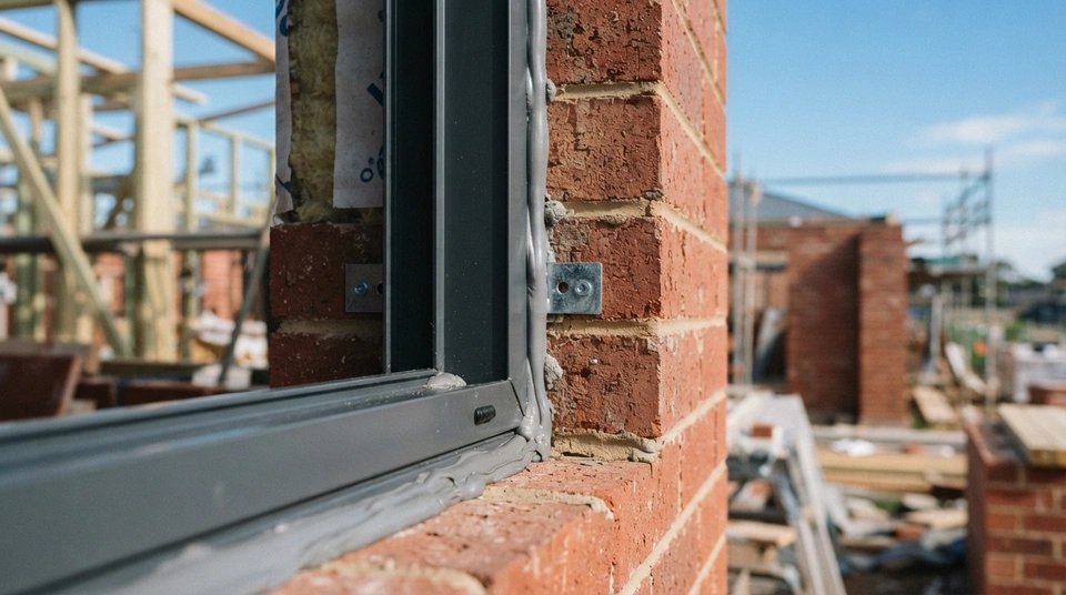 A modern aluminium window frame being installed into a brick wall on an Australian construction site, highlighting the importance of correct installation and compliance with standards.