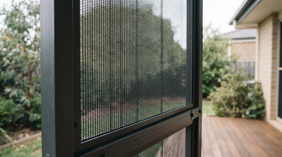 Close-up of a dark steel weave security mesh screen on an aluminium window, highlighting its robust texture for home protection and security.