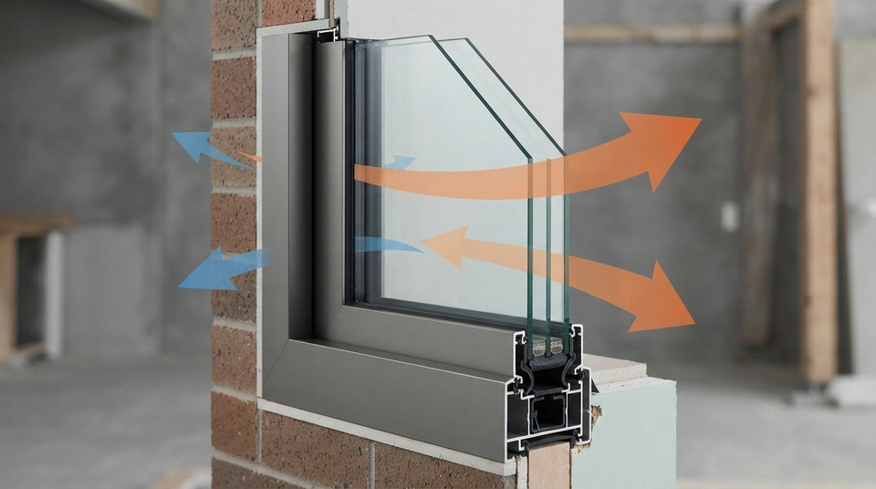 Diagram showing heat escaping from a warm room through a window to a cold exterior, illustrating the concept of U-value and thermal insulation.