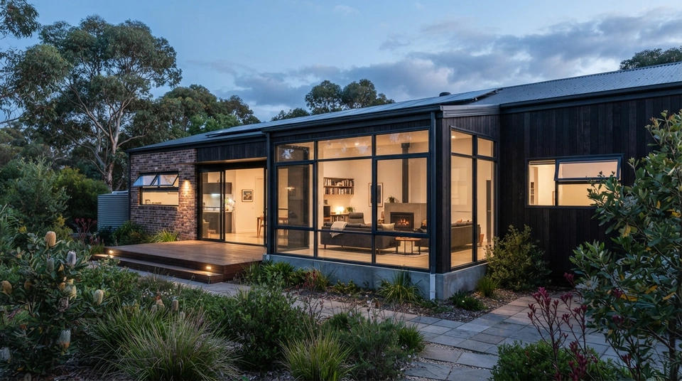 An illustration of a modern Australian home featuring large, high-performance windows and doors, symbolising future energy efficiency and climate resilience.